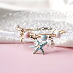 Blue  Starfish Charm Beaded Bracelet for Women | Pastel Pearl & Gold-Tone Adjustable Bracelet