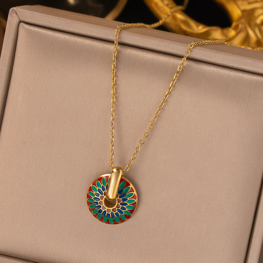 Multicolor Enamel Disc Pendant Necklace & Hoop Earrings Set – Gold-Plated Statement Jewellery