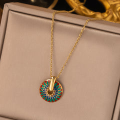 Multicolor Enamel Disc Pendant Necklace & Hoop Earrings Set – Gold-Plated Statement Jewellery