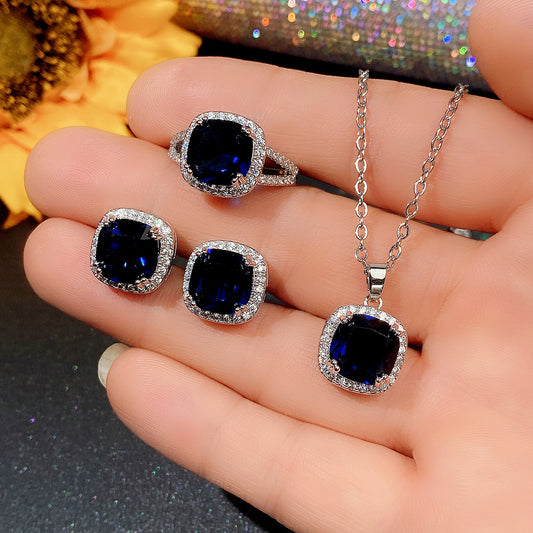 Royal Blue Cushion Cut Stone Necklace, Earrings & Ring Set | Party Jewellery