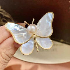 Elegant Mother-of-Pearl Butterfly Brooch with Faux Pearl – Women's Fashion Jewelry Pin