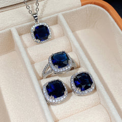 Royal Blue Cushion Cut Stone Necklace, Earrings & Ring Set | Party Jewellery