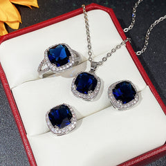 Royal Blue Cushion Cut Stone Necklace, Earrings & Ring Set | Party Jewellery