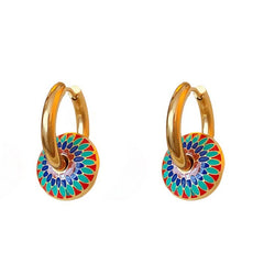 Multicolor Enamel Disc Pendant Necklace & Hoop Earrings Set – Gold-Plated Statement Jewellery
