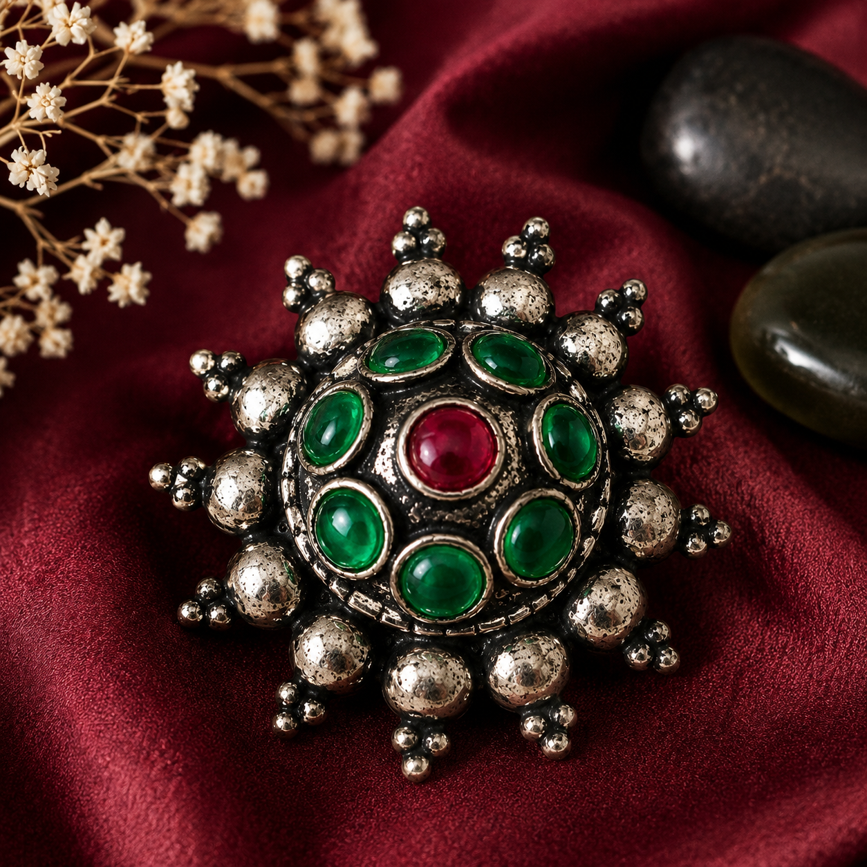 OXADISE oxidised silver statement ring with green and red stones for women