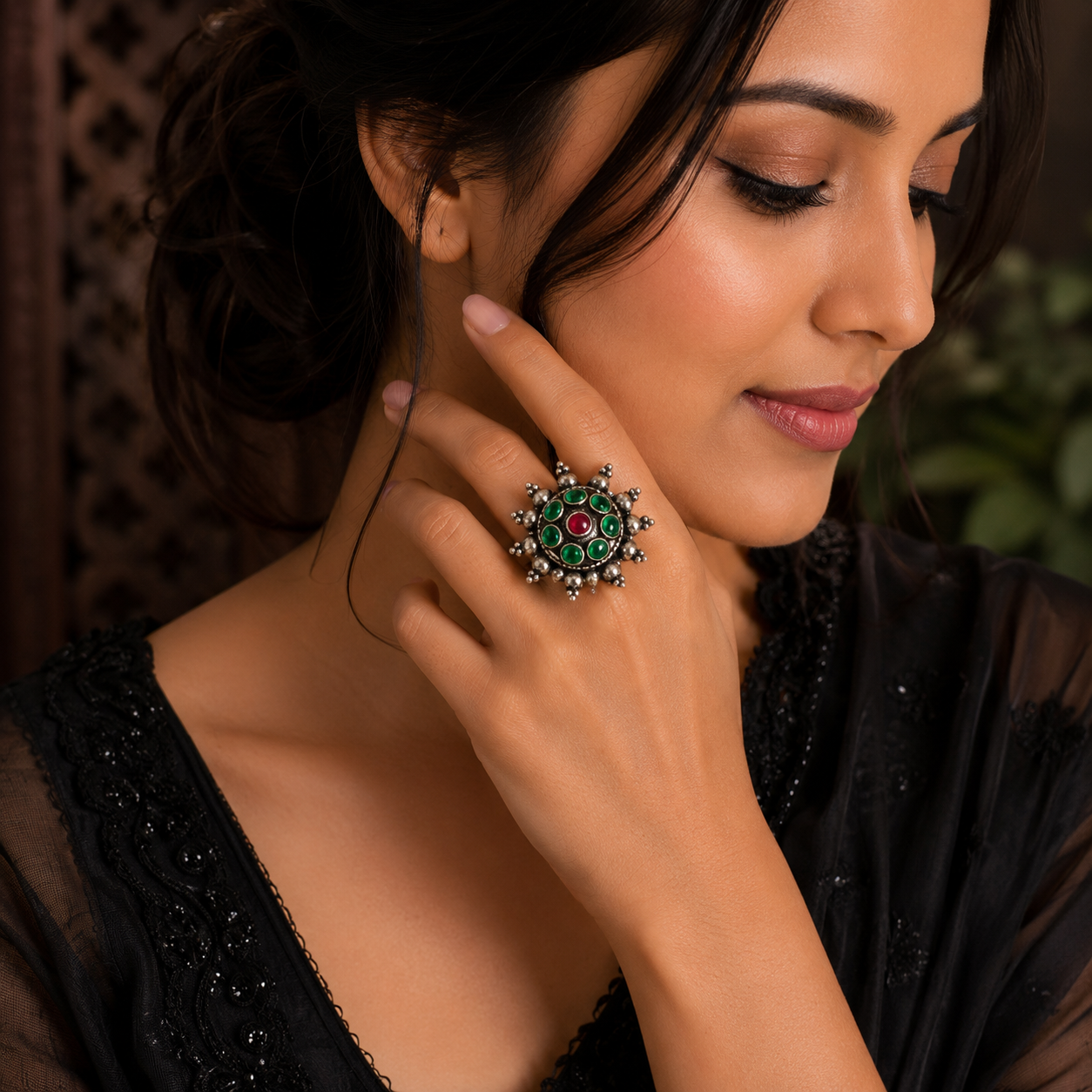OXADISE oxidised silver statement ring with green and red stones for women