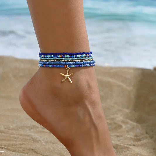 Ocean Blue Starfish Charm Anklet – Multilayer Beaded Beach Jewelry for Women | The Mirage Fashion | bLUE