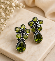 Olive Green Crystal Floral Drop Earrings for Women – Elegant Silver-Tone Statement Earrings  Party Wear & Wedding Jewelry  The Mirage Fashion 