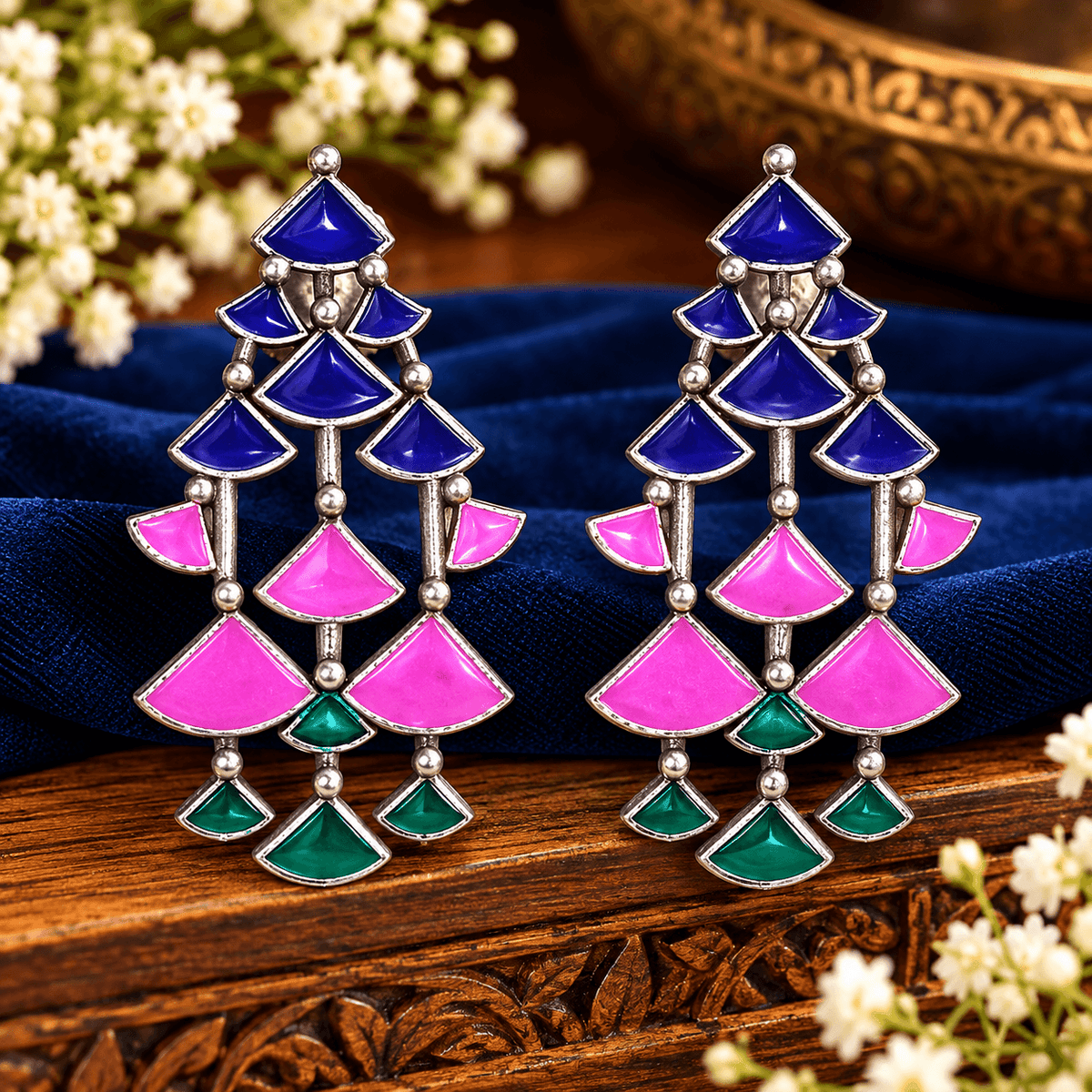 Multicolour geometric chandelier earrings in blue, pink and emerald green with silver-tone detailing