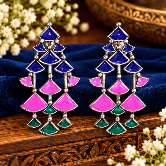 Multicolour geometric chandelier earrings in blue, pink and emerald green with silver-tone detailing