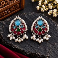 Turquoise Blue Stone Oxidized Silver Necklace Set with Pearl Drop Earrings | The Mirage Fashion