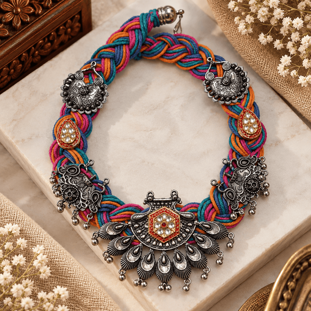 Multicolour Braided Dori Necklace with Fan-Shaped Oxidized Tribal Pendant & Red Stone Accents | The Mirage Fashion