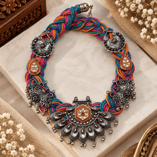 Multicolour Braided Dori Necklace with Fan-Shaped Oxidized Tribal Pendant & Red Stone Accents | The Mirage Fashion