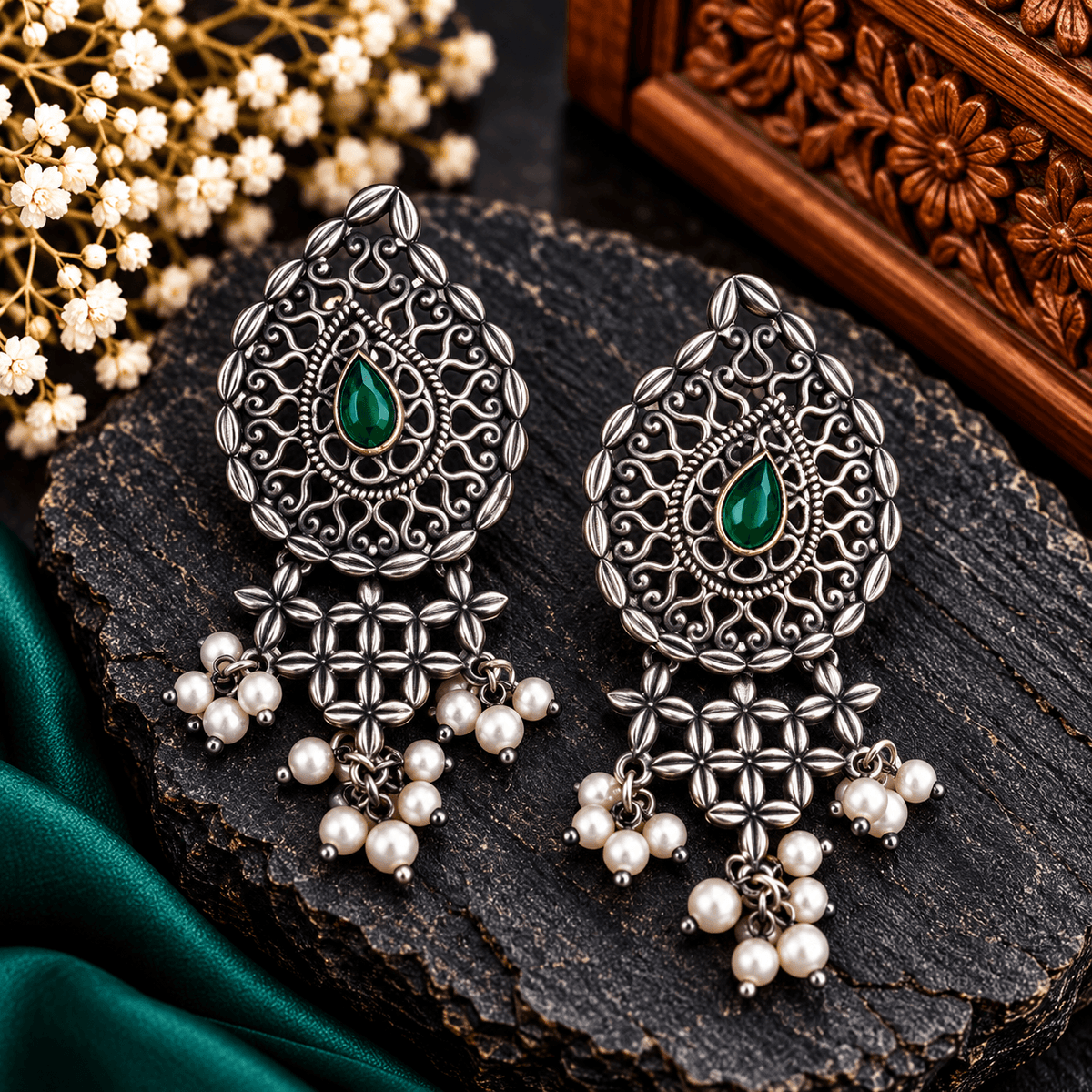 Emerald Filigree Pearl Drop Earrings | The Mirage Fashion