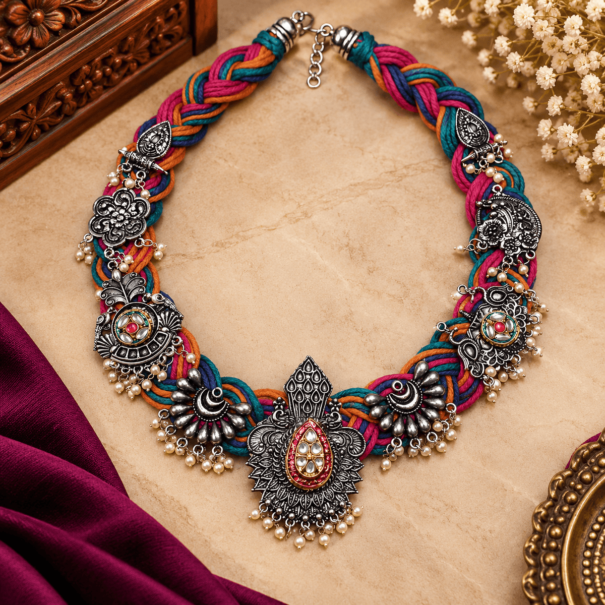 Vibrant Multicolour Braided Dori Necklace with Ornate Tribal Pendant, Oxidized Charms & Pearl Bead Drops | The Mirage Fashion