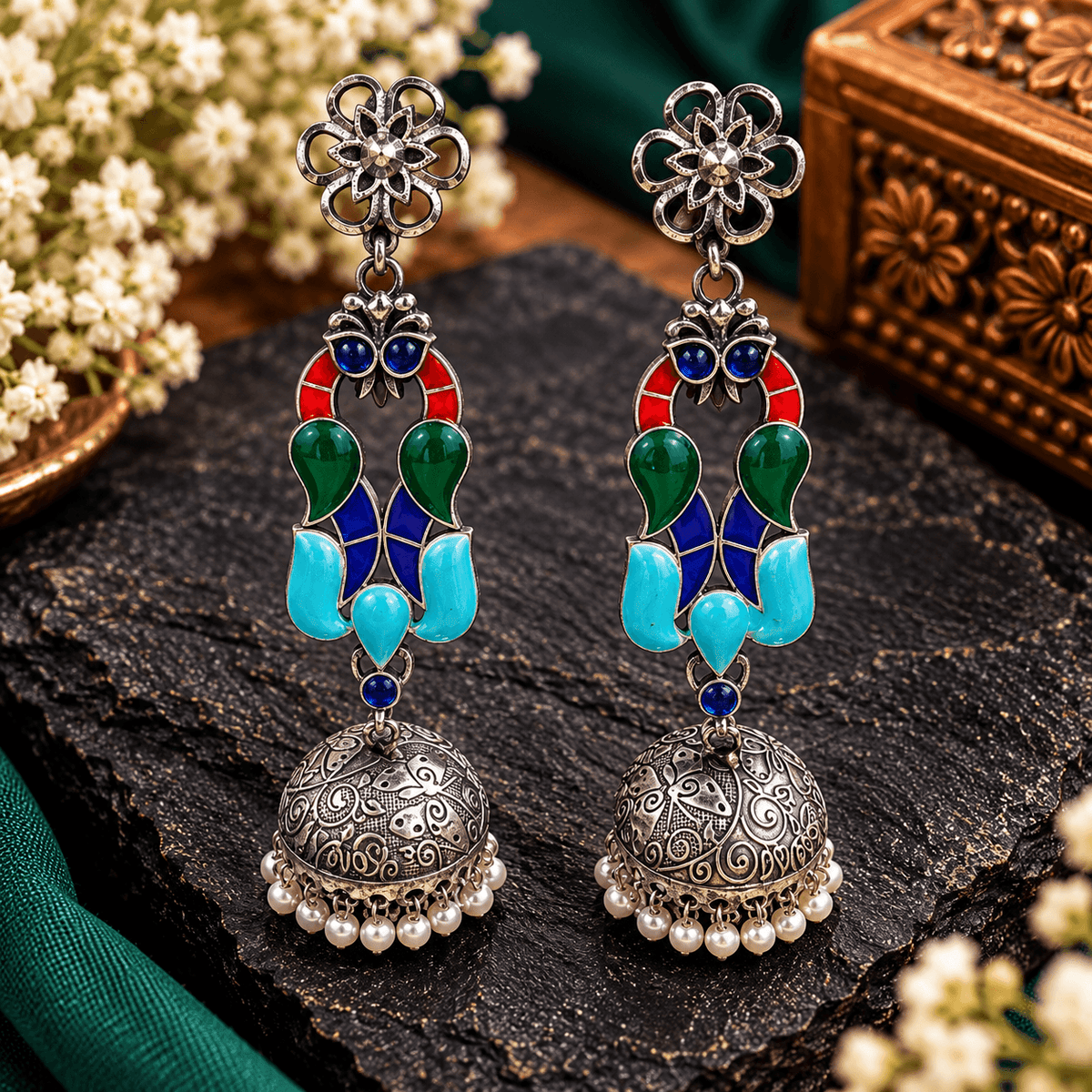 Royal Mosaic Multicolour Oxidized Jhumka Earrings | The Mirage Fashion