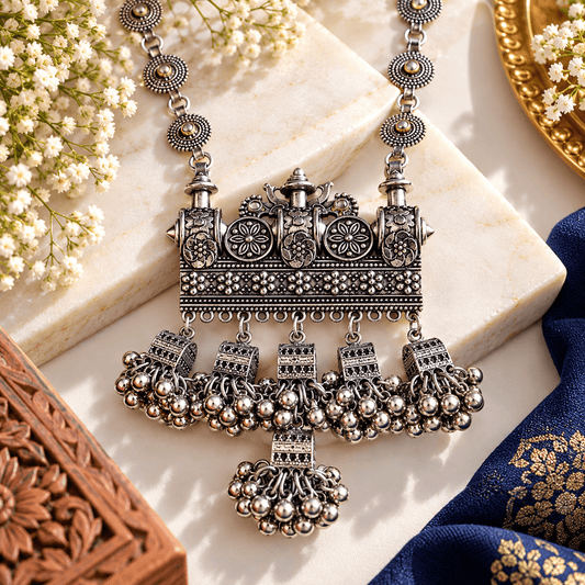 Rajwada Heritage Long Oxidized Tribal Necklace Set with Earrings | The Mirage Fashion