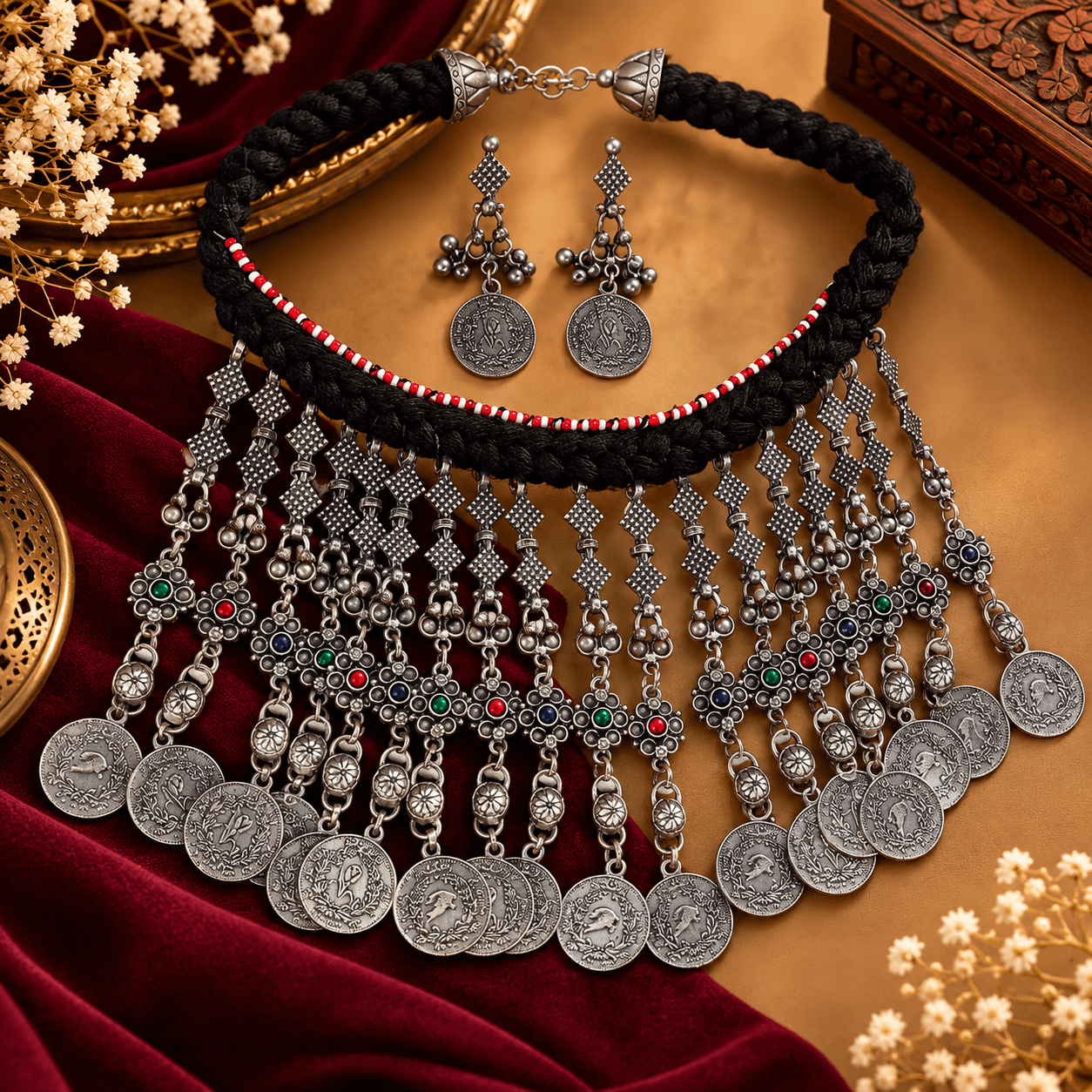 traditional-oxidized-silver-tribal-choker-set-with-earrings