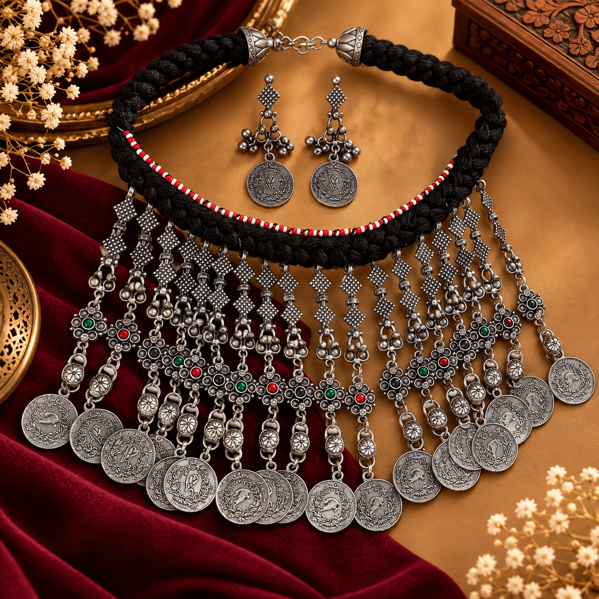 traditional-oxidized-silver-tribal-choker-set-with-earrings