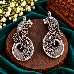 Antique Silver Peacock Filigree Oxidized Earrings | The Mirage Fashion