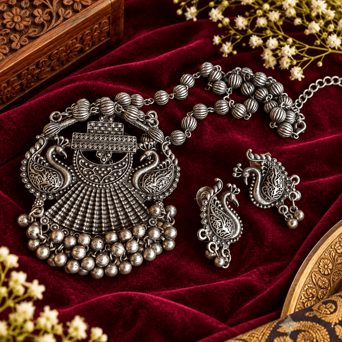 Oxidized Peacock Statement Necklace Set with Earrings | The Mirage Fashion