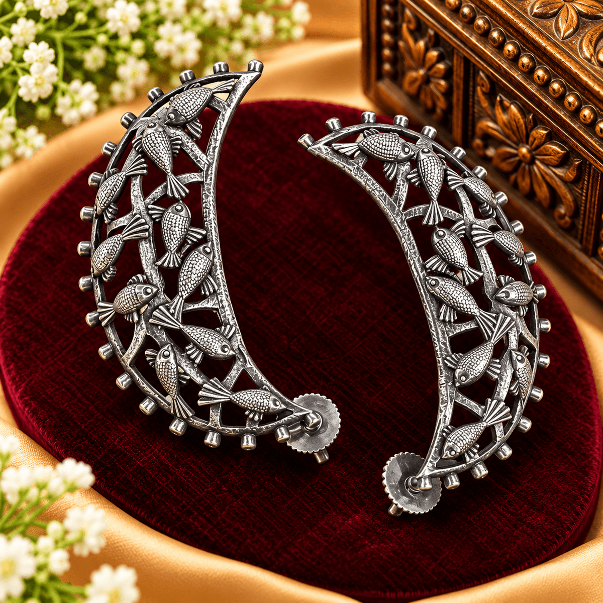 Silver Fish Motif Oxidized Ear Cuff Earrings | The Mirage Fashion