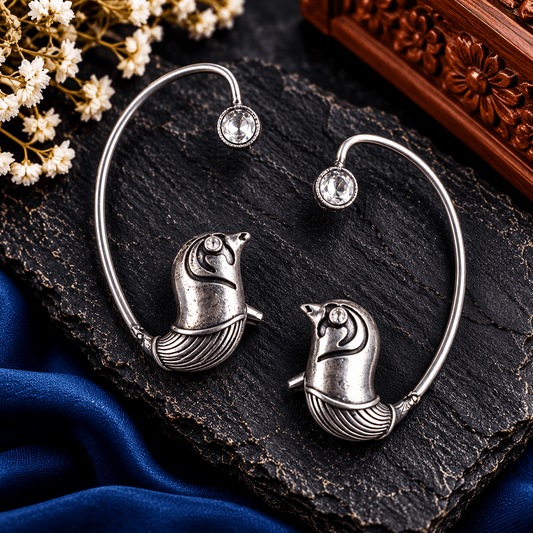 Silver Bird Motif Oxidized Ear Cuff Earrings | The Mirage Fashion