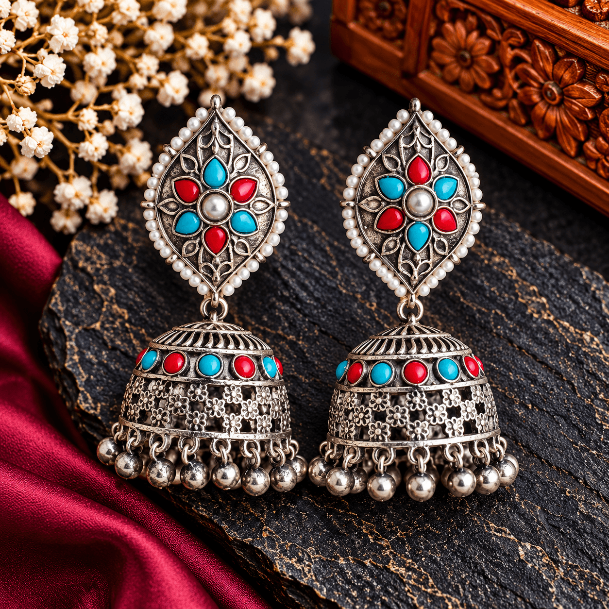 Turquoise blue and red oxidized jhumka earrings with floral filigree, pearl-style borders and metallic bead danglers