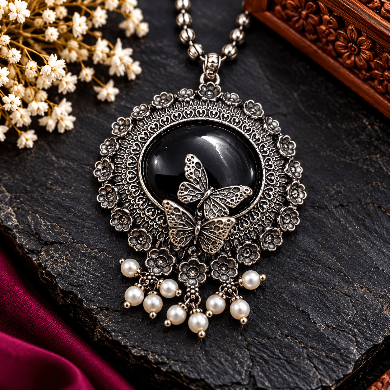Black stone butterfly pendant necklace with oxidized silver-tone floral detailing, beaded chain, pearl-like drops, and matching earrings