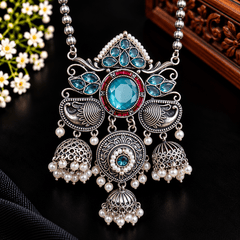 Turquoise Blue Stone Oxidized Silver Necklace Set with Pearl Drop Earrings | The Mirage Fashion