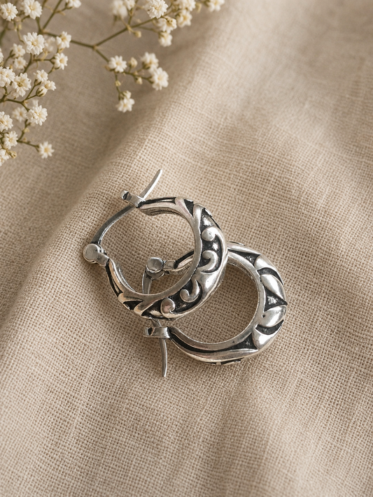 Oxidised Silver Designer Hoop Earrings for Women – Vintage Carved Bali Earrings | Traditional Statement Jewelry |The Mirage Fashion