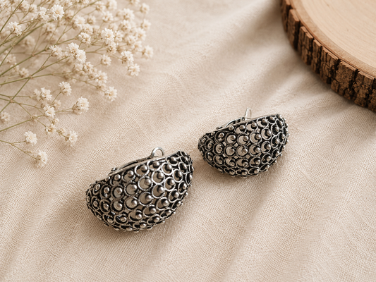 Oxidised Silver Dome Hoop Earrings for Women – Vintage Crescent Bali Earrings | Traditional Ethnic Statement Jewelry | |The Mirage fashion