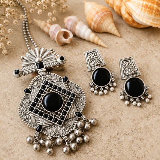 Oxidised Black Stone Tribal Pendant Necklace Set with Earrings  Boho Ethnic Statement Jewelry for Women