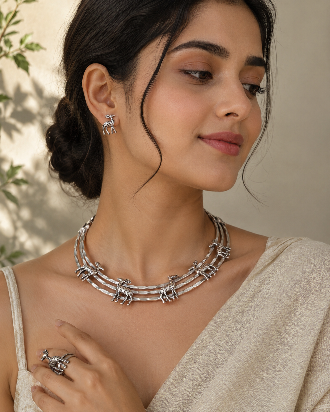 Oxidised Deer Design Choker Necklace Set with Stud Earrings | Tribal Boho Statement Jewelry for Women  | Hasli