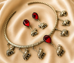 Oxidised Elephant Charm Choker Necklace Set with Ruby Red Stones |  Traditional Hasli Statement Jewelry for Women | The Mirage Fashion 
