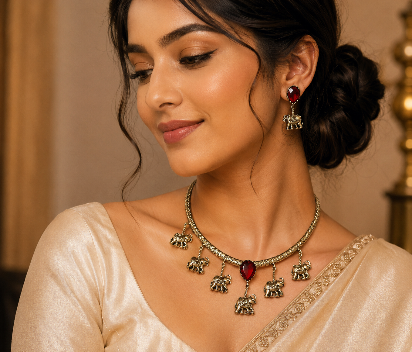 Oxidised Elephant Charm Choker Necklace Set with Ruby Red Stones |  Traditional Hasli Statement Jewelry for Women | The Mirage Fashion 