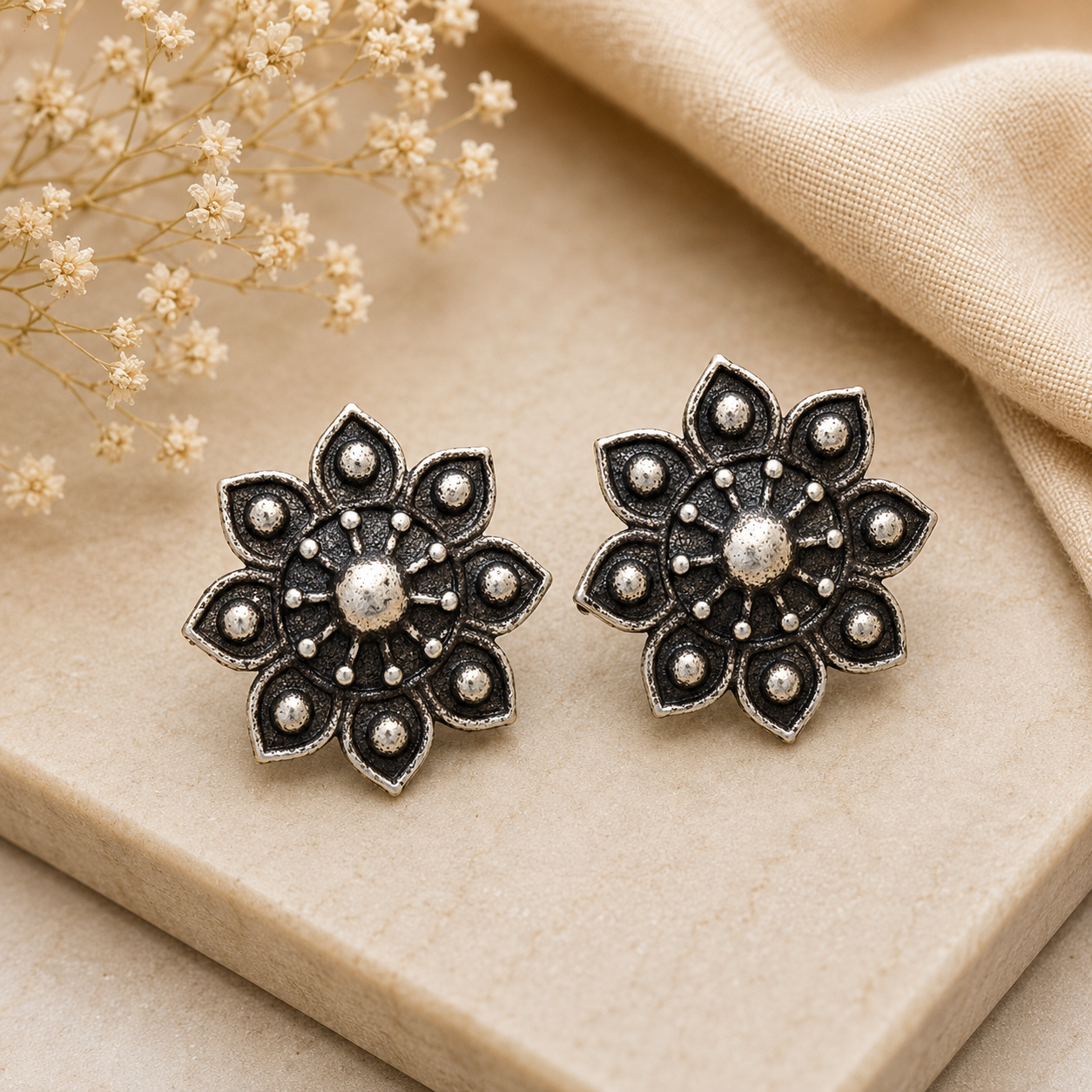 Oxidised Floral Stud Earrings for Women – Vintage Flower Design Silver-Tone Statement Earrings | Ethnic & Everyday Jewelry | The Mirage Fashion 
