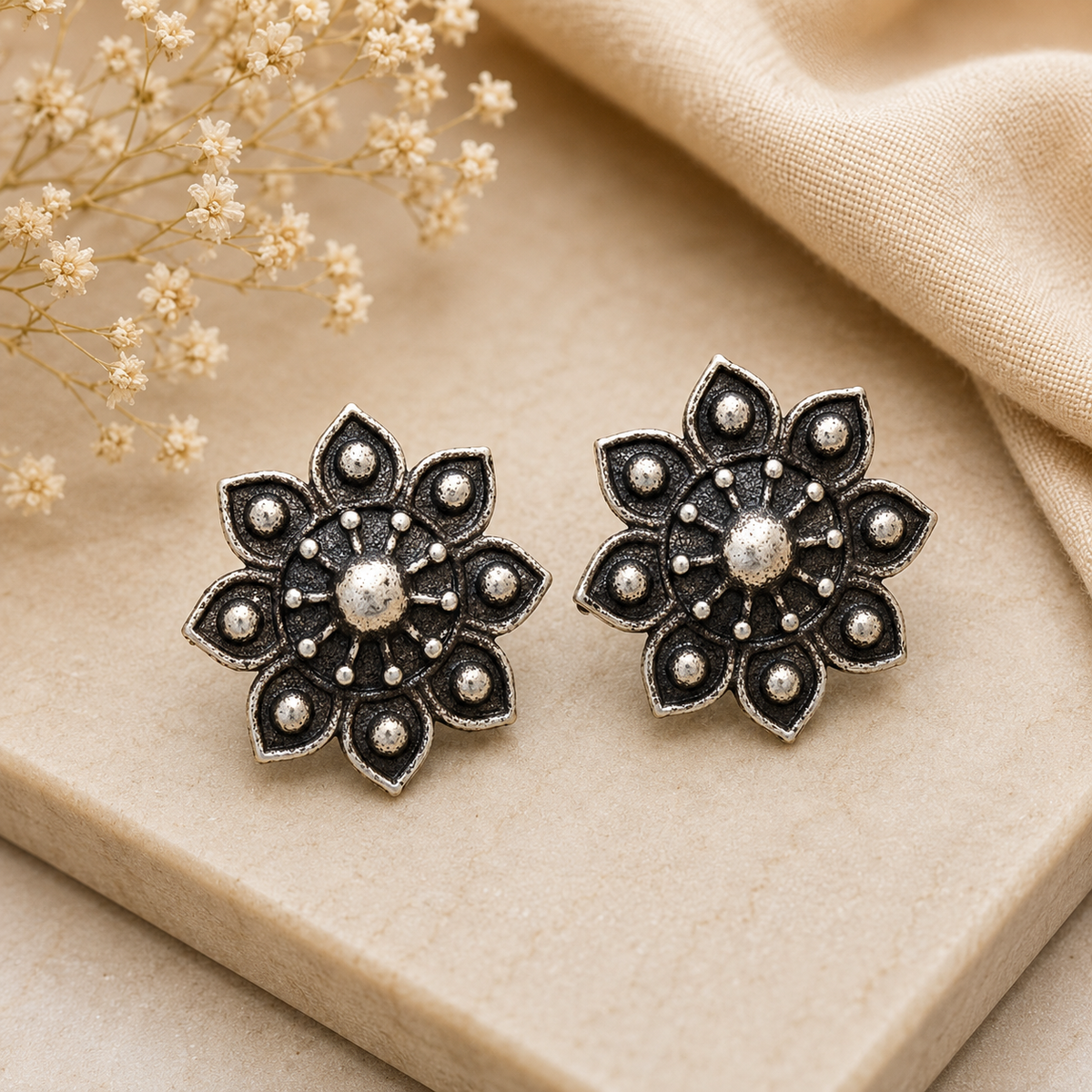 Oxidised Floral Stud Earrings for Women – Vintage Flower Design Silver-Tone Statement Earrings | Ethnic & Everyday Jewelry | The Mirage Fashion 