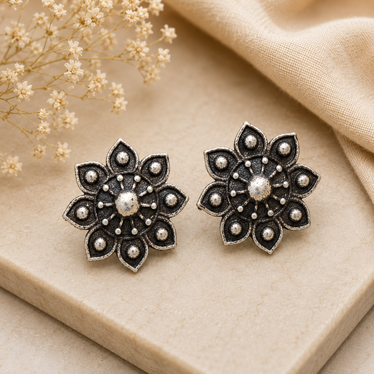 Oxidised Floral Stud Earrings for Women – Vintage Flower Design Silver-Tone Statement Earrings | Ethnic & Everyday Jewelry | The Mirage Fashion 