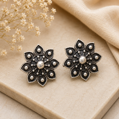 Oxidised Floral Stud Earrings for Women – Vintage Flower Design Silver-Tone Statement Earrings | Ethnic & Everyday Jewelry | The Mirage Fashion 