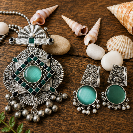 Oxidised Green Stone Tribal Pendant Necklace Set with Earrings  Boho Ethnic Statement Jewelry for Women | The Mirage Fashion