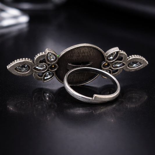 Oxidised Green Stone Statement Ring for Women back