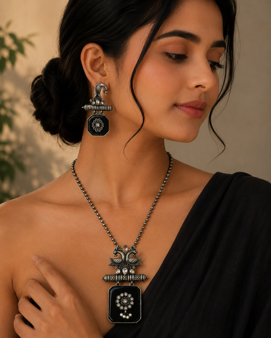 Oxidised Peacock Black Stone Pendant Necklace Set with Earrings  Vintage Tribal Statement Jewelry for Women  The Mirage Fashion