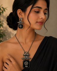 Oxidised Peacock Black Stone Pendant Necklace Set with Earrings  Vintage Tribal Statement Jewelry for Women  The Mirage Fashion