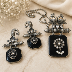 Oxidised Peacock Black Stone Pendant Necklace Set with Earrings | Vintage Tribal Statement Jewelry for Women | The Mirage Fashion 