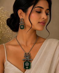 Oxidised Peacock Green Stone Pendant Necklace Set with Earrings  Vintage Tribal Statement Jewelry for Women  The Mirage Fashion 