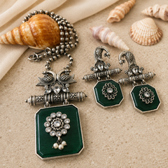 Oxidised Peacock Green Stone Pendant Necklace Set with Earrings  Vintage Tribal Statement Jewelry for Women  The Mirage Fashion  1