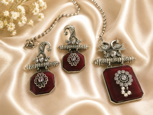 Oxidised Peacock Ruby Red Stone Pendant Necklace Set with Earrings | Vintage Tribal Statement Jewelry for Women | The Mirage Fashion  1