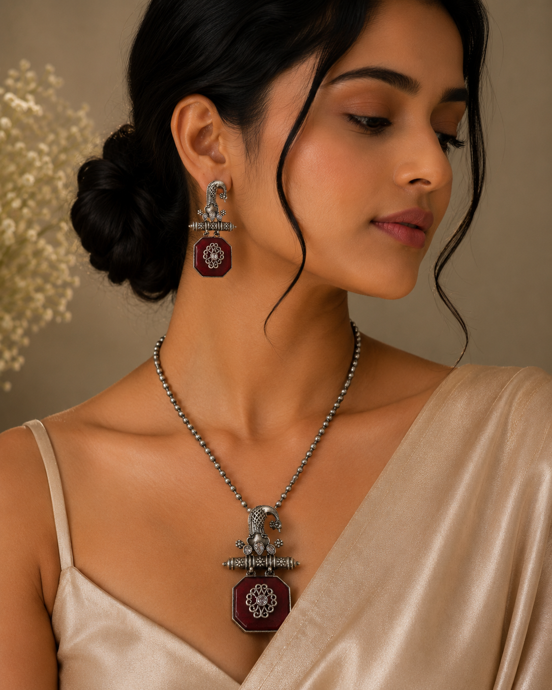 Oxidised Peacock Ruby Red Stone Pendant Necklace Set with Earrings | Vintage Tribal Statement Jewelry for Women | The Mirage Fashion 