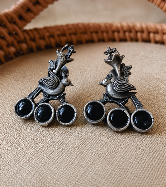 Oxidised Silver Bird Motif Stud Earrings for Women – Nature Inspired Tribal Earrings with Stone Accents | Boho Ethnic Jewelry | THE MIRAGE fFSHION